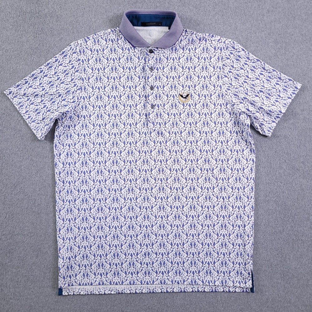 Greyson Polo Shirt Mens L Robert Trent Jones Blue White Ocean Curiosities Golf - Picture 5 of 10